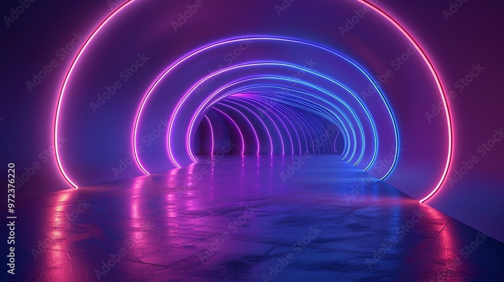Poster a vibrant tunnel illuminated by colorful neon lights, creating a futuristic atmosphere with reflecti