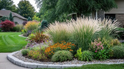 Obraz premium Front yard garden with decorative grasses, low-maintenance perennials, and stone edging around flower beds, no logos