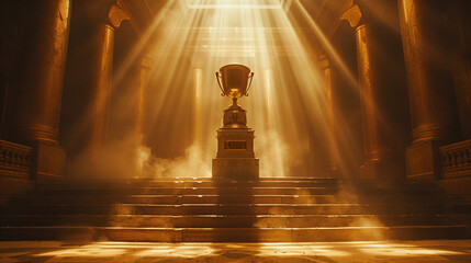 A glowing trophy stands on a grand staircase, bathed in golden light amidst foggy, ancient columns.