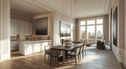 Fototapeta premium Modern kitchen design with elegant lighting and chic furniture in a luxurious apartment showcasing contemporary aesthetics