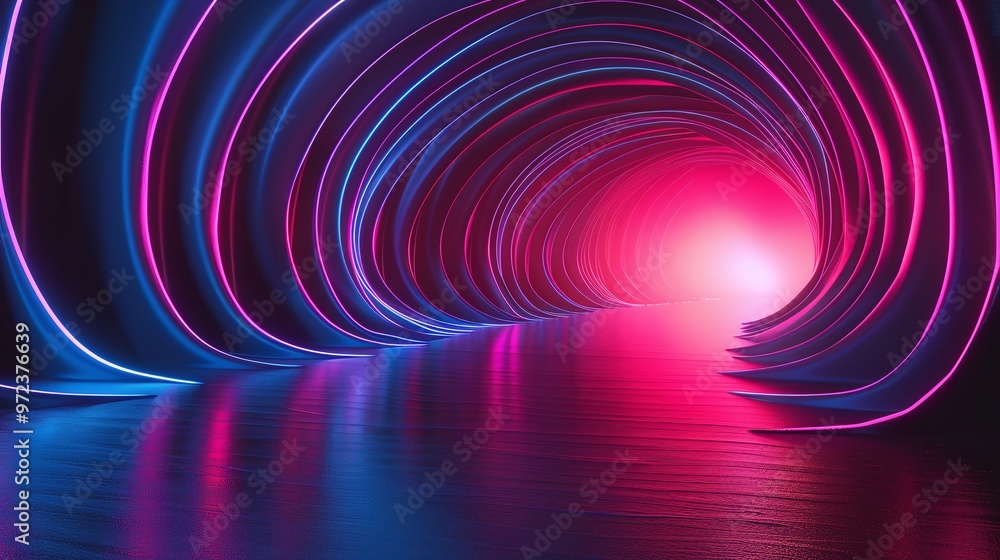 Poster a vibrant tunnel illuminated with neon lights reflecting on a calm surface, creating a captivating a