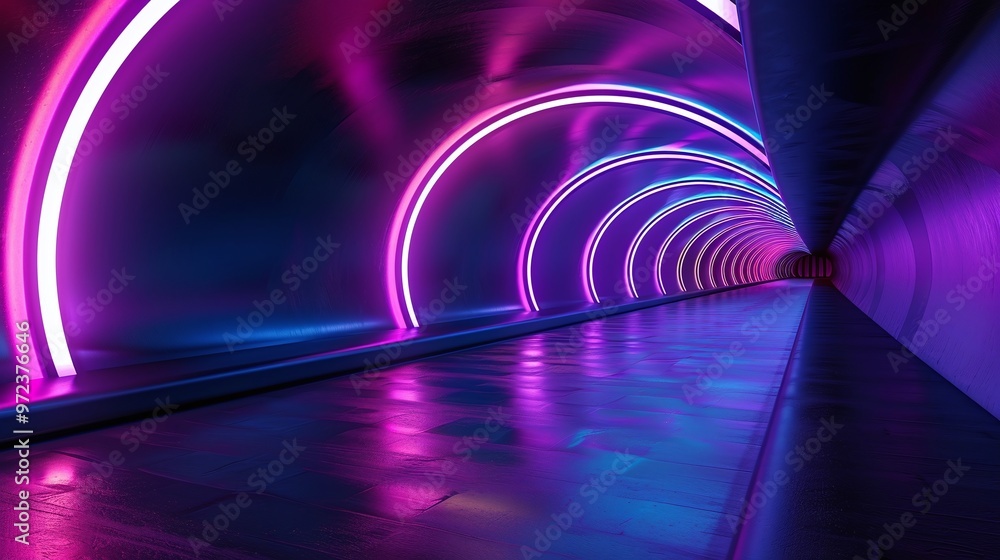 Poster a vibrant tunnel illuminated with neon lights, creating a mesmerizing effect of color and depth.