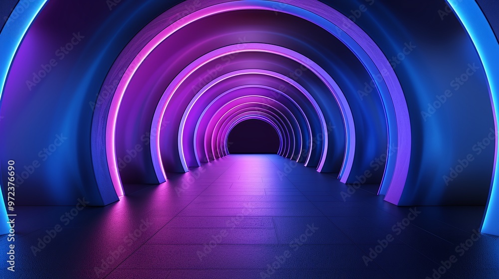 Poster a vibrant tunnel illuminated with neon lights, creating a futuristic and captivating atmosphere for 