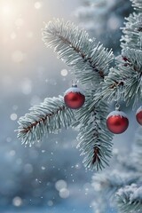 Snow-Covered Pine Branch with Red Christmas Baubles in Winter Scene. Generative AI