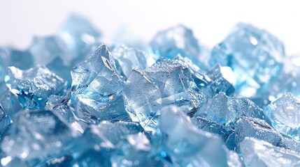 Obraz premium Close-Up of Clear Ice Cubes with Blue Crystals on White Background, Creating a Frosty Winter Atmosphere