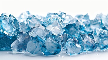 Obraz premium Close-Up of Clear Ice Cubes with Blue Crystals on White Background, Creating a Frosty Winter Atmosphere