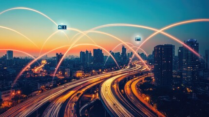 Fototapeta premium An aerial view of a cityscape at sunset with glowing lines connecting smart devices, representing the internet of things and technological advancements.