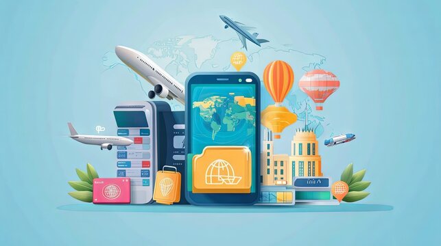 Travel Booking App with Airplane  Hot Air Balloon  Map and City Skyline