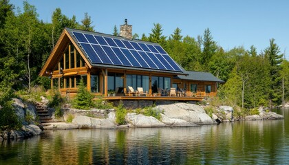 Modern Log Cabin With Solar Panels On The Lake