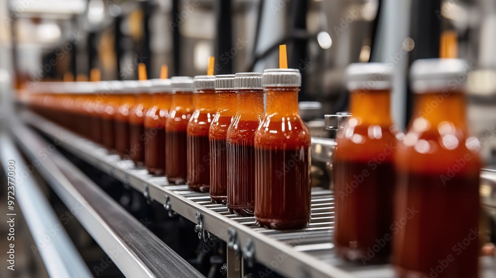 Poster a modern production line in a factory handling the filling and packaging of espagnole sauce bottles