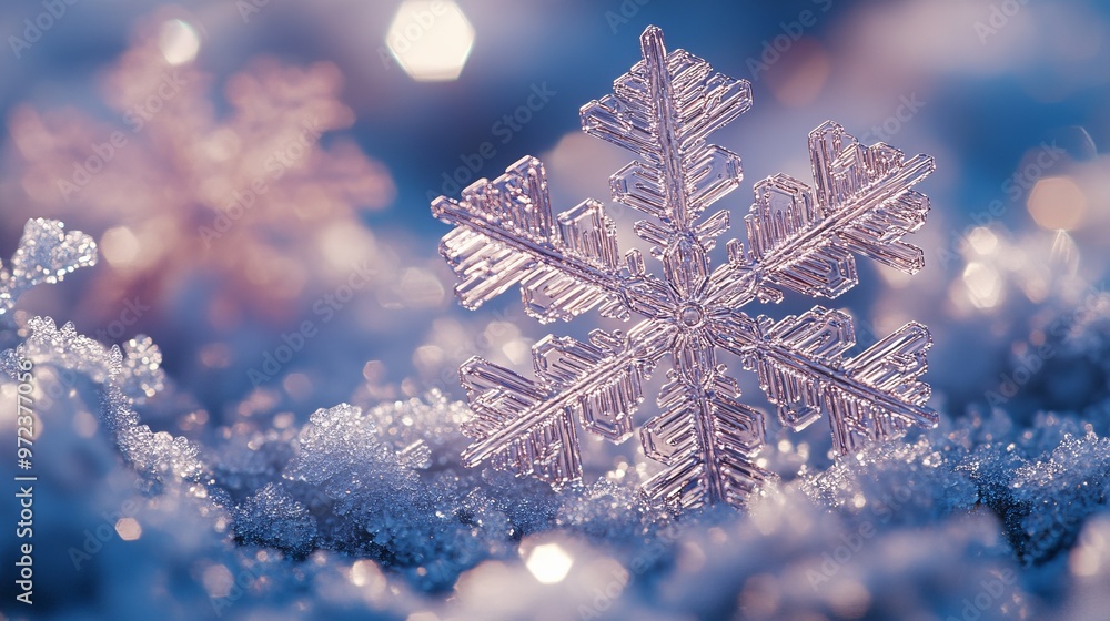 Poster snowflakes with perfect radial symmetry, each flake unique yet part of a larger geometric pattern on