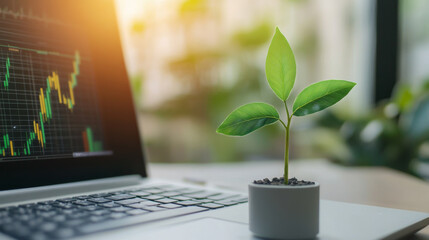 Close-up of a growing plant beside a laptop with financial charts