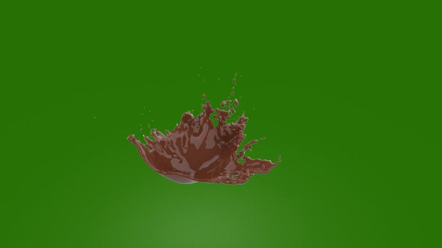 Liquid splash of chocolate, mango, milk on green screen 4K. Liquid simulation splash