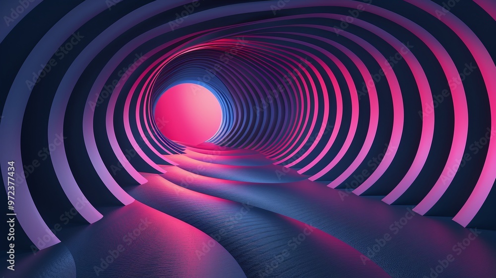 Poster a vibrant tunnel with colorful stripes and an illuminated orb, creating a surreal and modern atmosph