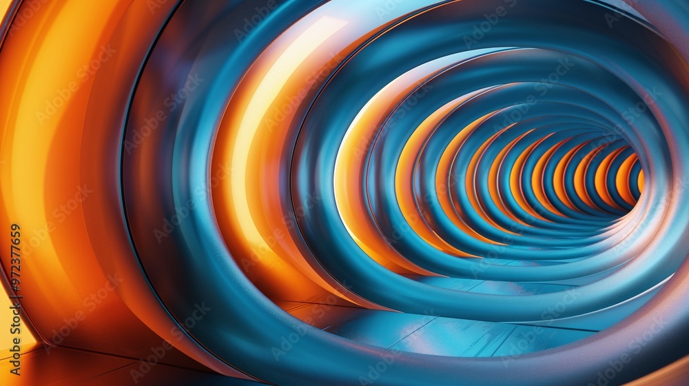 Poster a vibrant tunnel with swirling orange and blue patterns, creating a mesmerizing visual effect and a 
