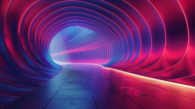 A vibrant tunnel with neon lights creating an immersive experience in futuristic design and colorful ambiance.