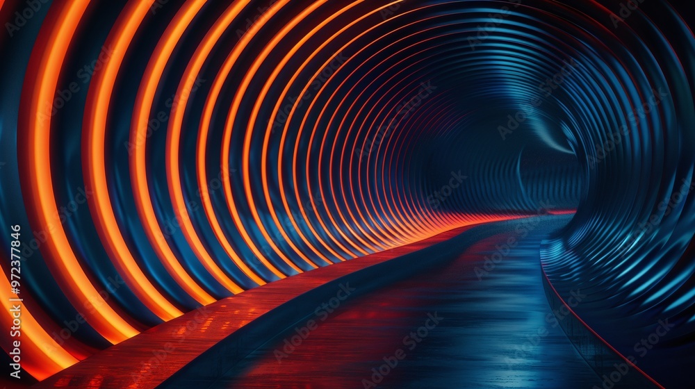 Poster a vibrant, futuristic tunnel illuminated with glowing orange and blue patterns, creating a mesmerizi