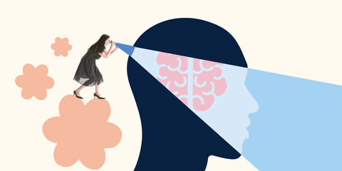 Focus on wellness. Woman peering into head with spotlight on brain, symbolizing introspection and search for deep understanding and insights. Contemporary art. Concept of psychology, mental health