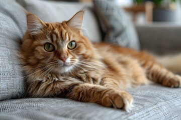 Obraz premium Relaxed Ginger Cat Lounging on Gray Sofa in Cozy Living Room Setting for Pet Lifestyle and Home Decor