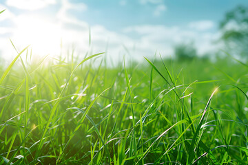Fototapeta premium Expansive field of lush green grass creating a serene and tranquil background that emphasizes the natural beauty of the landscape..