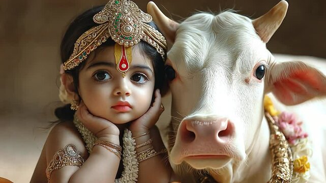 Indian religions, including Hinduism, celebrate devotional occasions like this one where this adorable little Krishna is holding the holy cow.