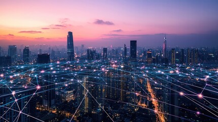 A panoramic view of a modern city skyline at dusk, with glowing lines representing a network of interconnectedness.