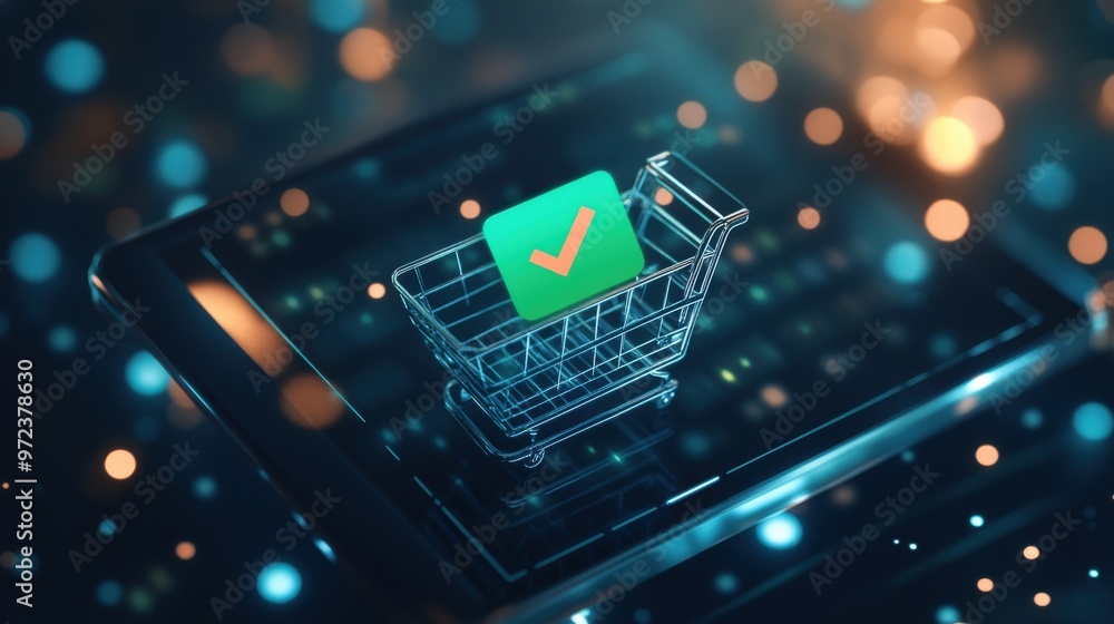 Poster e-commerce site displaying a green checkmark and successful purchase message