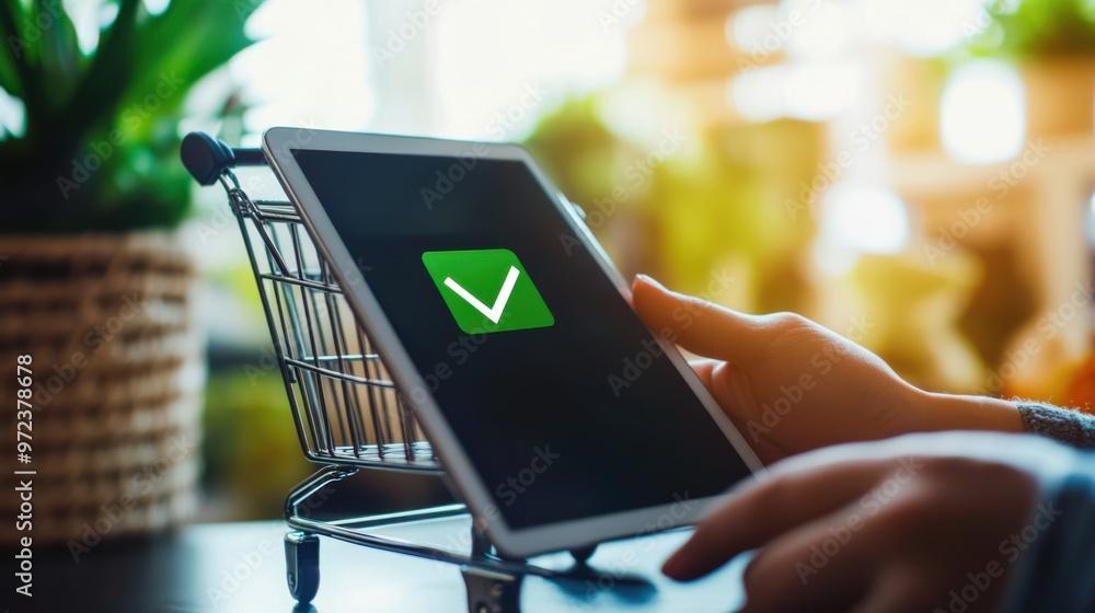 Poster e-commerce website checkout confirmation with a green checkmark symbolizing