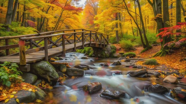 Rustic wooden bridge over a flowing river in a vibrant autumn forest