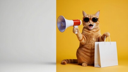 Fototapeta premium Orange Cat in Cool Sunglasses Declaring Big Sales with Megaphone.