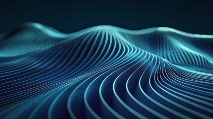 Naklejka premium Abstract 3D landscape with beautiful flowing waves, showcasing intricate lines and a deep blue color scheme in a mesmerizing composition. Product presentation background.