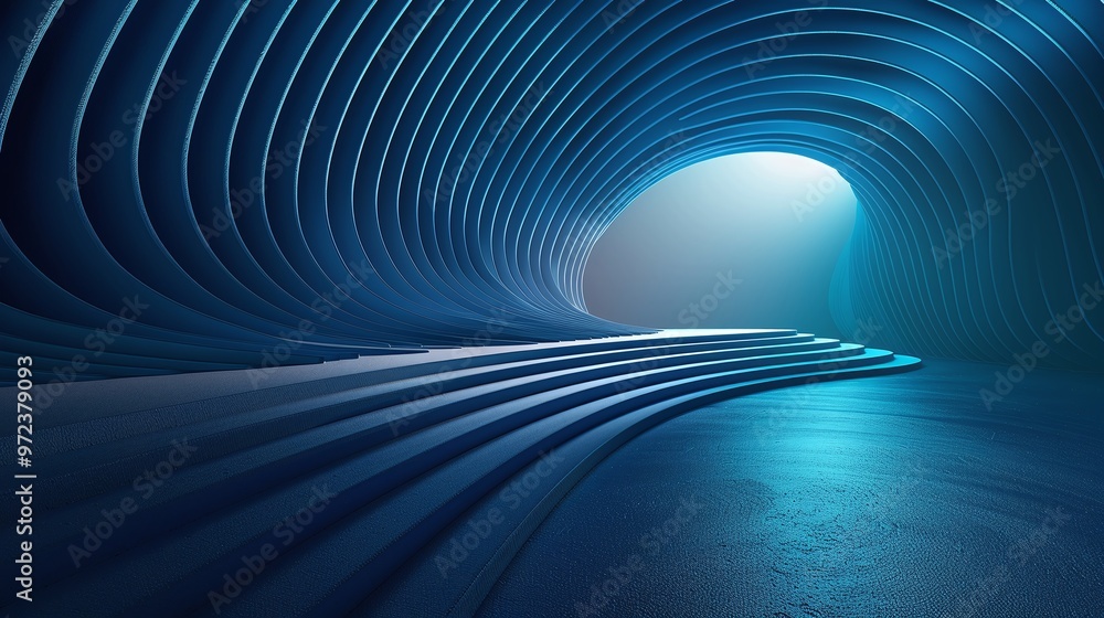 Poster abstract blue tunnel with curved lines and soft lighting creates a futuristic and serene environment