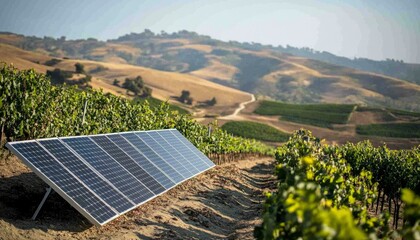 Solar Panel in a Vineyard with Rolling Hills in the Background