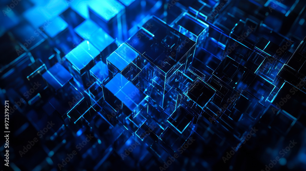 Poster abstract blue crystal structures illuminated in a dim environment create a striking visual effect of