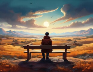 Obraz premium Solitary Figure Sunset View