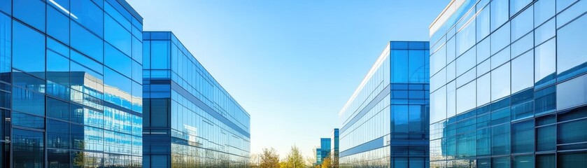 Fototapeta premium Modern glass buildings reflecting blue sky, showcasing contemporary architecture and urban design in a vibrant city environment.