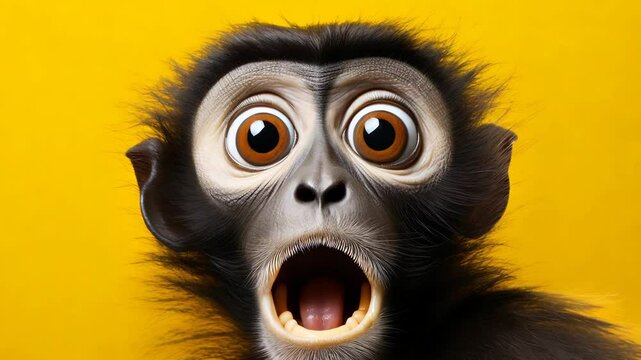 A surprised monkey with its mouth open on a yellow background