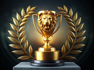 A golden trophy with a majestic lion's head on top, mounted on a pedestal, surrounded by laurel leaves,