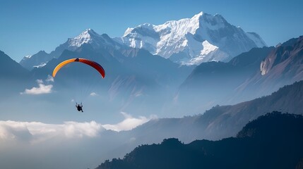 Paraglider Over Mountains: A paraglider gliding smoothly above a range of majestic mountains. 
