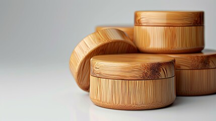 Sustainable beauty  minimalist skincare cream jars in eco friendly bamboo containers on white