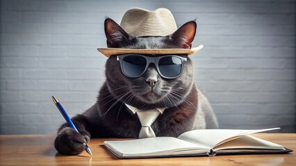 A goofy black cat wearing sunglasses and a fedora, sitting at a desk with a notepad and pencil,