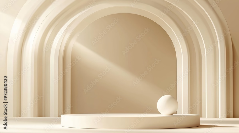 Poster minimalist interior with a smooth circular platform and a spherical object illuminated by soft light