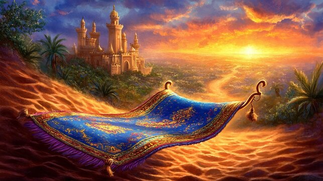 Magic carpet flying over the desert towards a palace during sunset