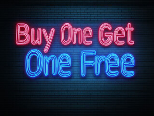 Obraz premium 'Buy One Get One Free' sign in pink and blue neon lights on a dark brick wall.