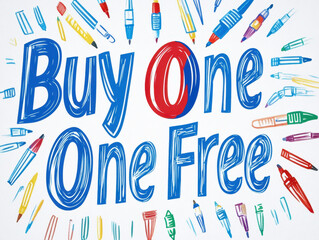 'Buy One Get One Free' sign with creative blue typography surrounded by illustrations of stationery.