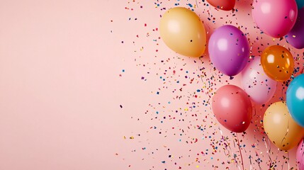 46. Background for happy birthday celebration or party. Group of colored balloons, confetti, candles, ribbons on pastel pink background. Mock up with copy space, place for text. Vibrant and festive