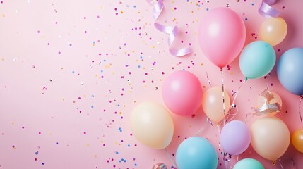48. Playful and festive birthday background with a variety of colored balloons, shimmering confetti, candles, and ribbons on a pastel pink surface. Ample copy space for personalized messages or event