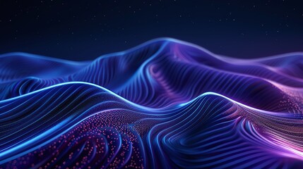 Obraz premium Abstract digital landscape with vibrant waves of blue and purple light, creating a captivating and futuristic visual effect. Product presentation background.