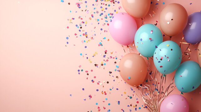 48. Playful and festive birthday background with a variety of colored balloons, shimmering confetti, candles, and ribbons on a pastel pink surface. Ample copy space for personalized messages or event