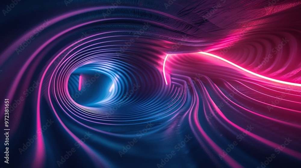 Poster abstract digital tunnel with vibrant blue and pink lights creating a mesmerizing flow effect through